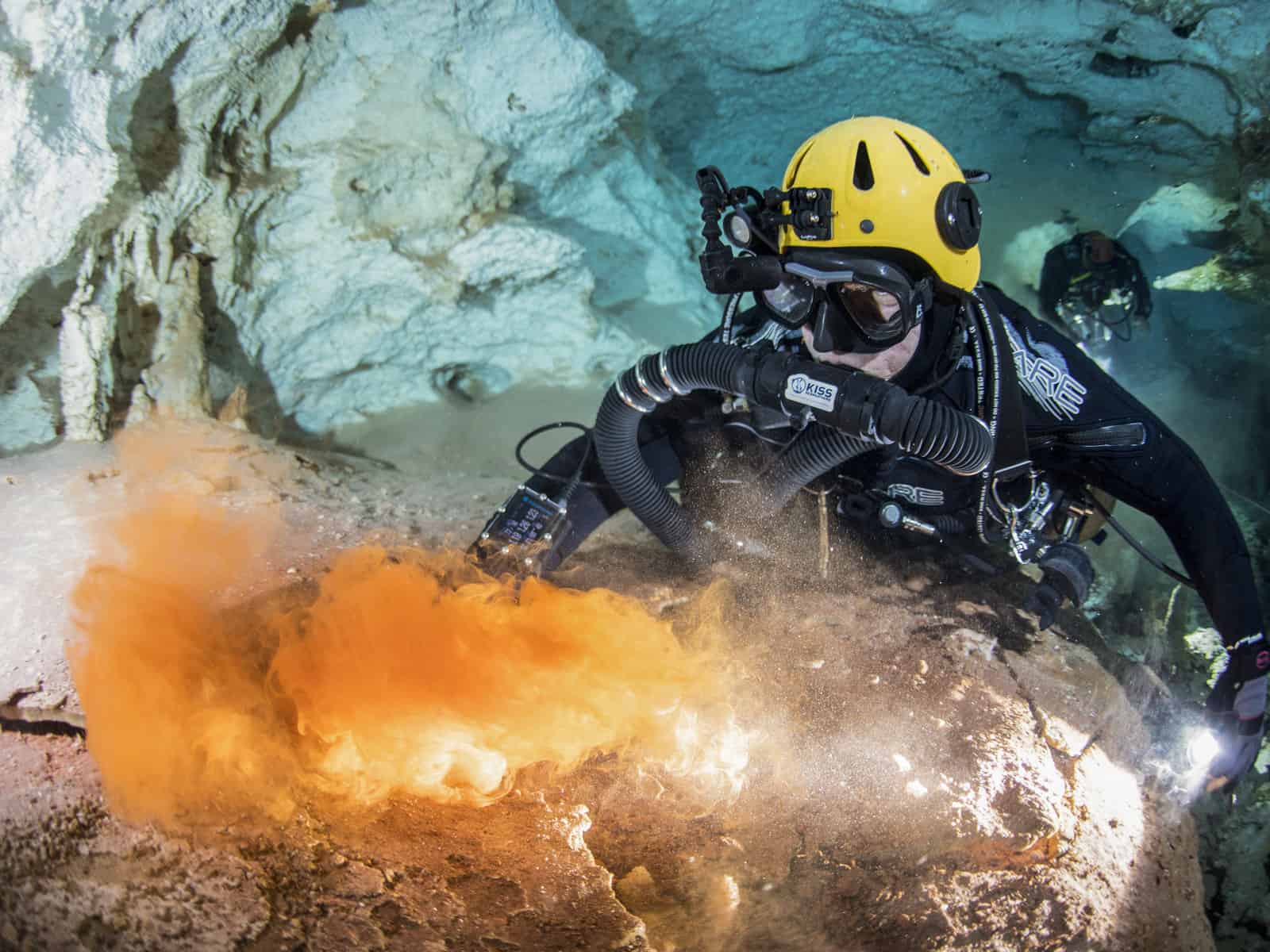 Canadian underwater diver Jill Heinerth in a cave in the Caribbean finding sand from the Sahara Desert.