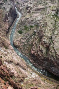 View down from the top of the Royal Gorge suspension bridge, Canon City Colorado