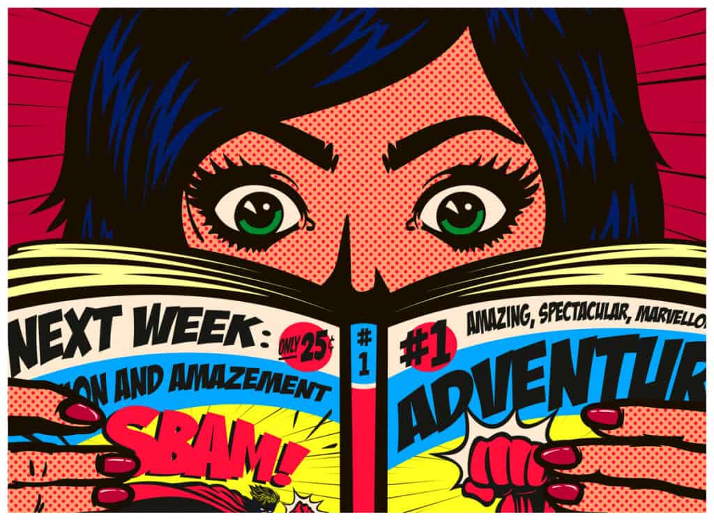 bold graphic pop art cartoon from a comic book cover. creating graphic comic art or writing comic books are unusual retirement hobbies
