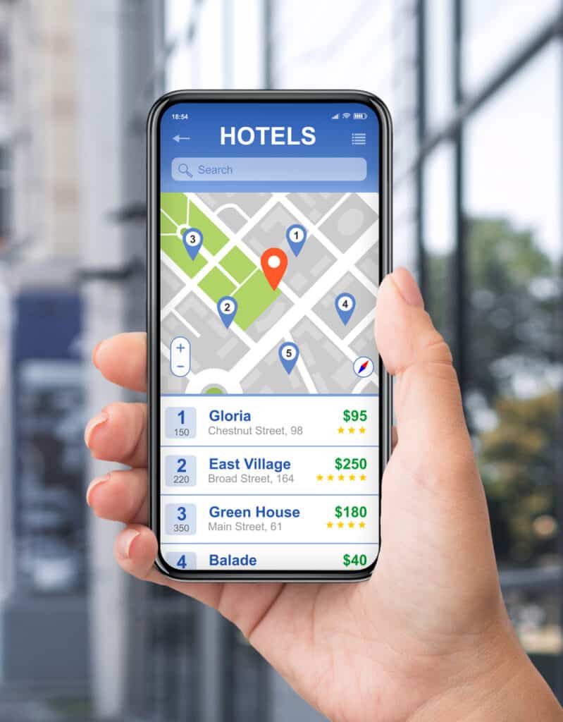 Female tourist picking hotel using GPS map with navigation pins on city street, creative collage