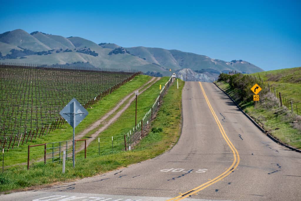Pismo Beach, United States - February 19 2020 : a part of a road trip in central california is driving in the beautiful wine country