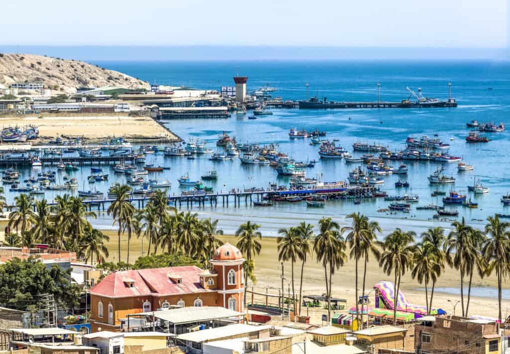 Paita, Piura, Peru: Aerial panoramic drone view of the Paita town and harbor