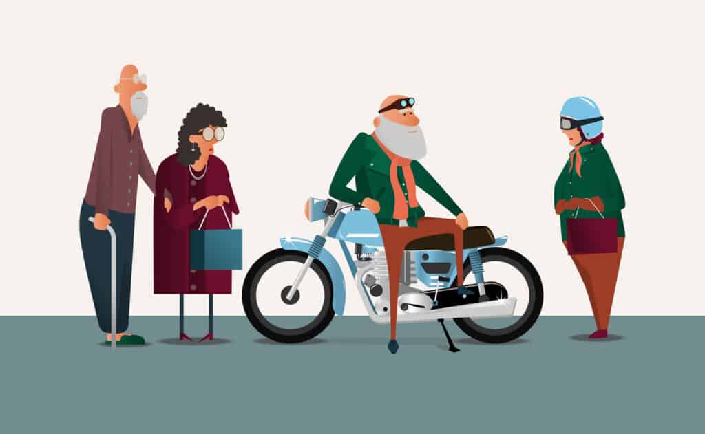 Elderly stylish man posing on motorcycle boasting in front of other senior people standing around. Icon for active elderly parents