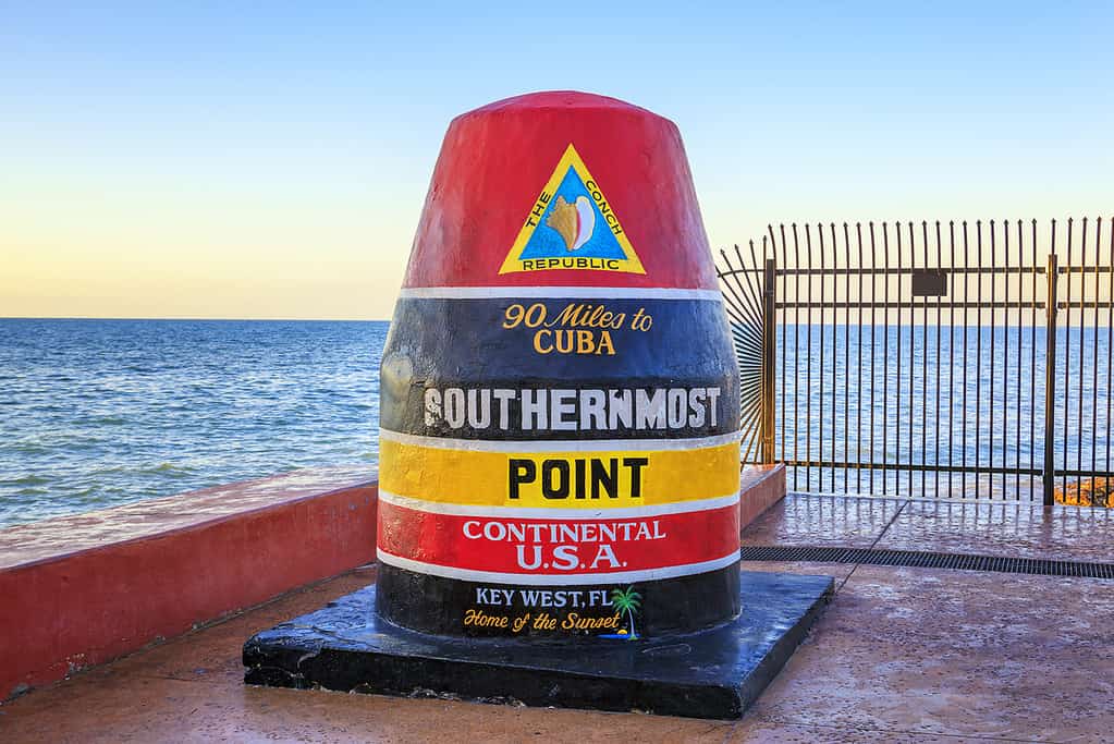 Florida Buoy sign marking the southernmost point in the continental USA. One of the many iconic landmarks in Key West Florida.