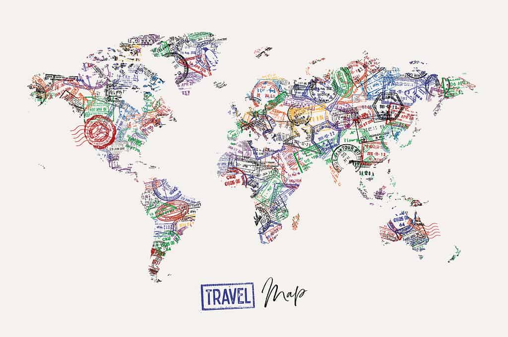 Travel world map made from a passport stamps different countries poster style, ideal analogy for hobbies that let you travel the world.