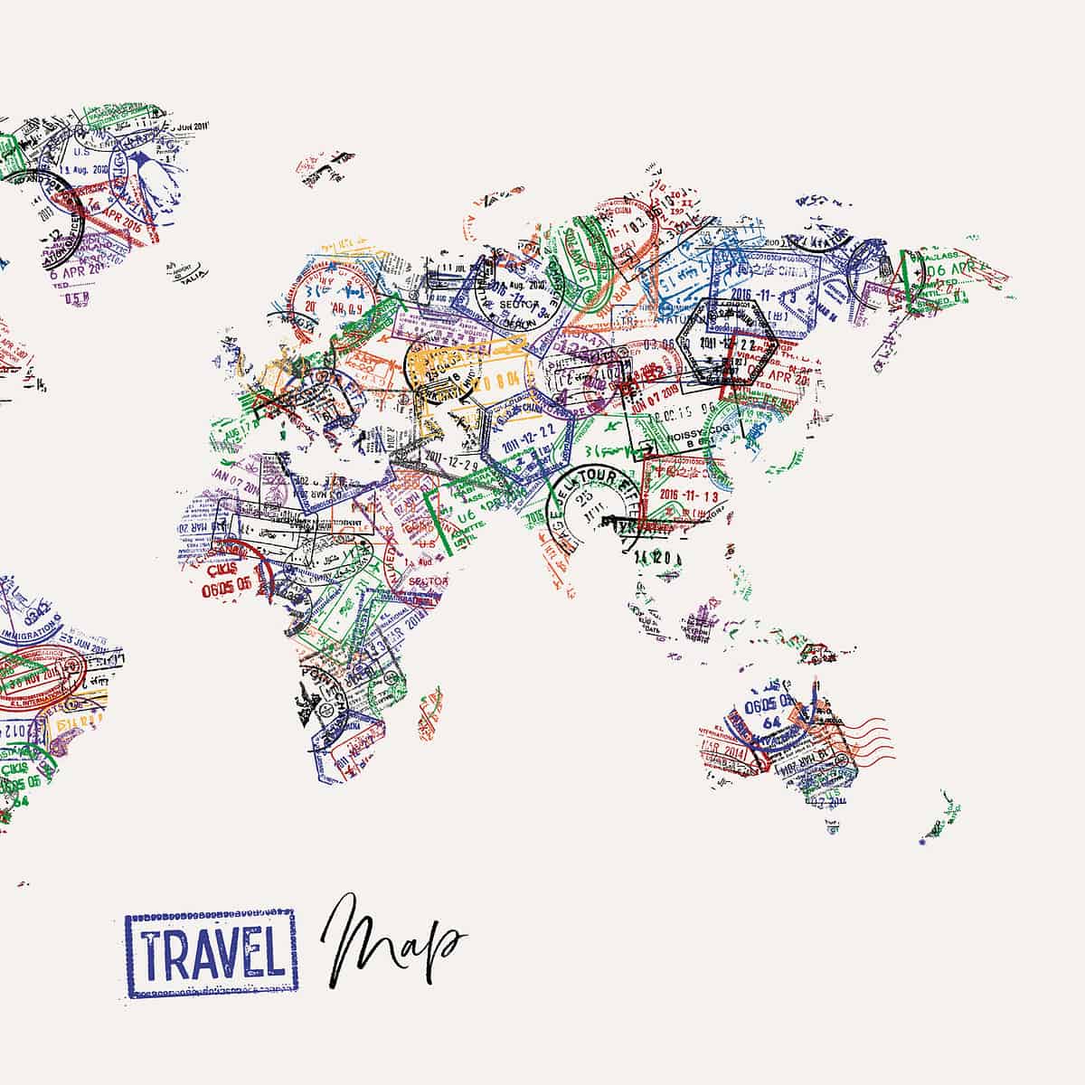Travel world map made from a passport stamps different countries poster style. cover photo for the blog post Hobbies That Allow You to Travel the World.