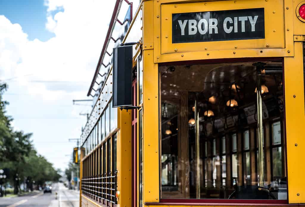 Photo of a trolley car in the Ybor City historic district in Tampa Florida. One of the many exciting destinations for Florida Tours for active seniors