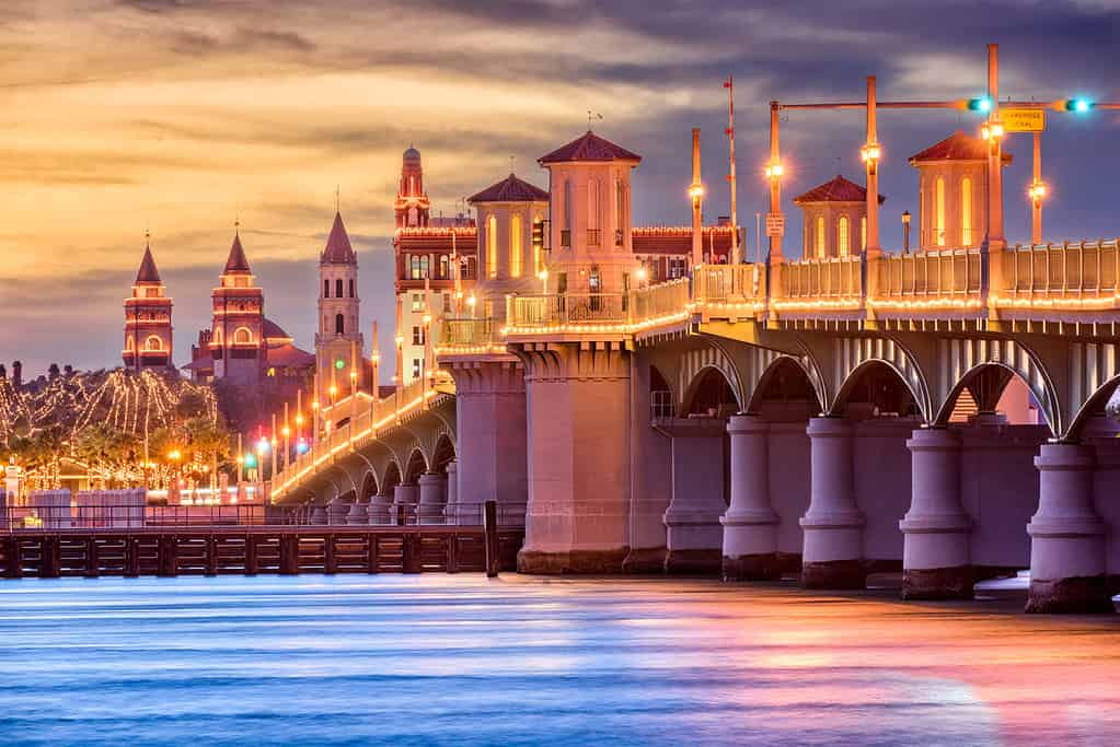 St. Augustine, Florida, USA Skyline at Bridge of Lions. A beautiful evening stroll as part of any Florida tours for active seniors.