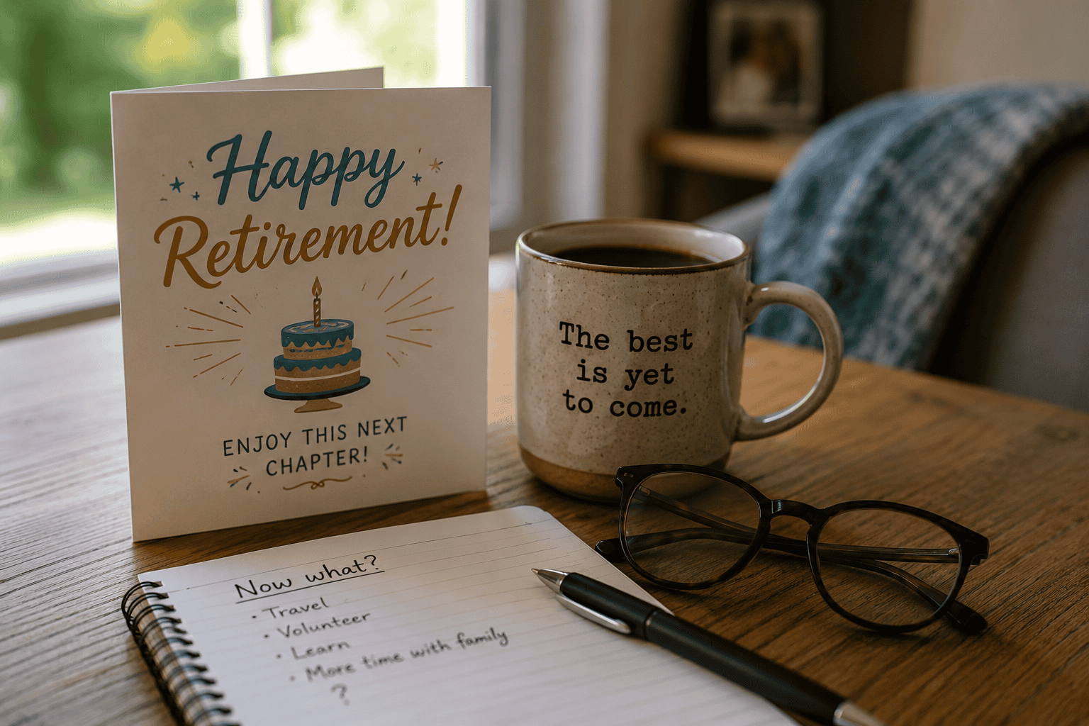 retirement cake, card and mug everything you need for a happy retirement and a happy life