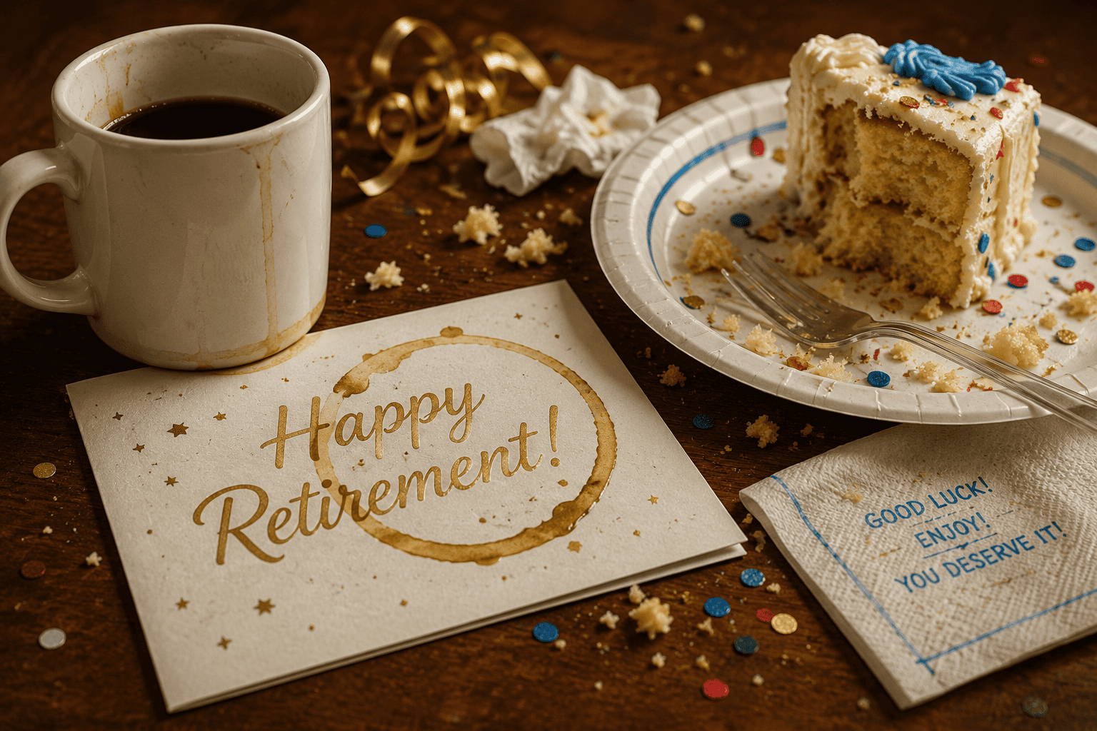 Happy retirement. We hear it, write it, and sign it on greeting cards. But retirement is more than an ending. A Retirement Field Note on what comes after the party. cup, cake, and coffee after the retirement party