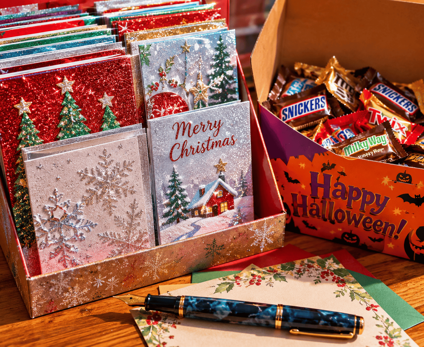 Picture of excessively glittery Christmas cards, a blue fountain pen and a box of half eaten Halloween candy. why-handwritten-cards-matter/