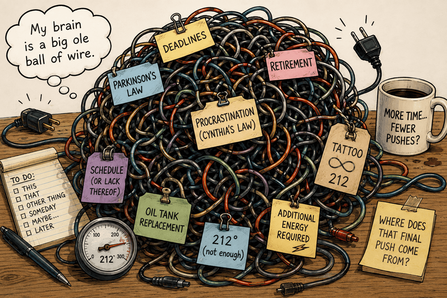 cartoon of a ball of wire and a list of sticky notes with tasks - retirement procrastination, and motivation