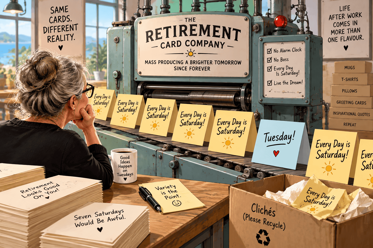 They say every day is Saturday when you're retired. Mine isn't. Work stopped organizing my week, but people, rituals—and apparently breakfast—didn't. Cartoon of a greeting card factory