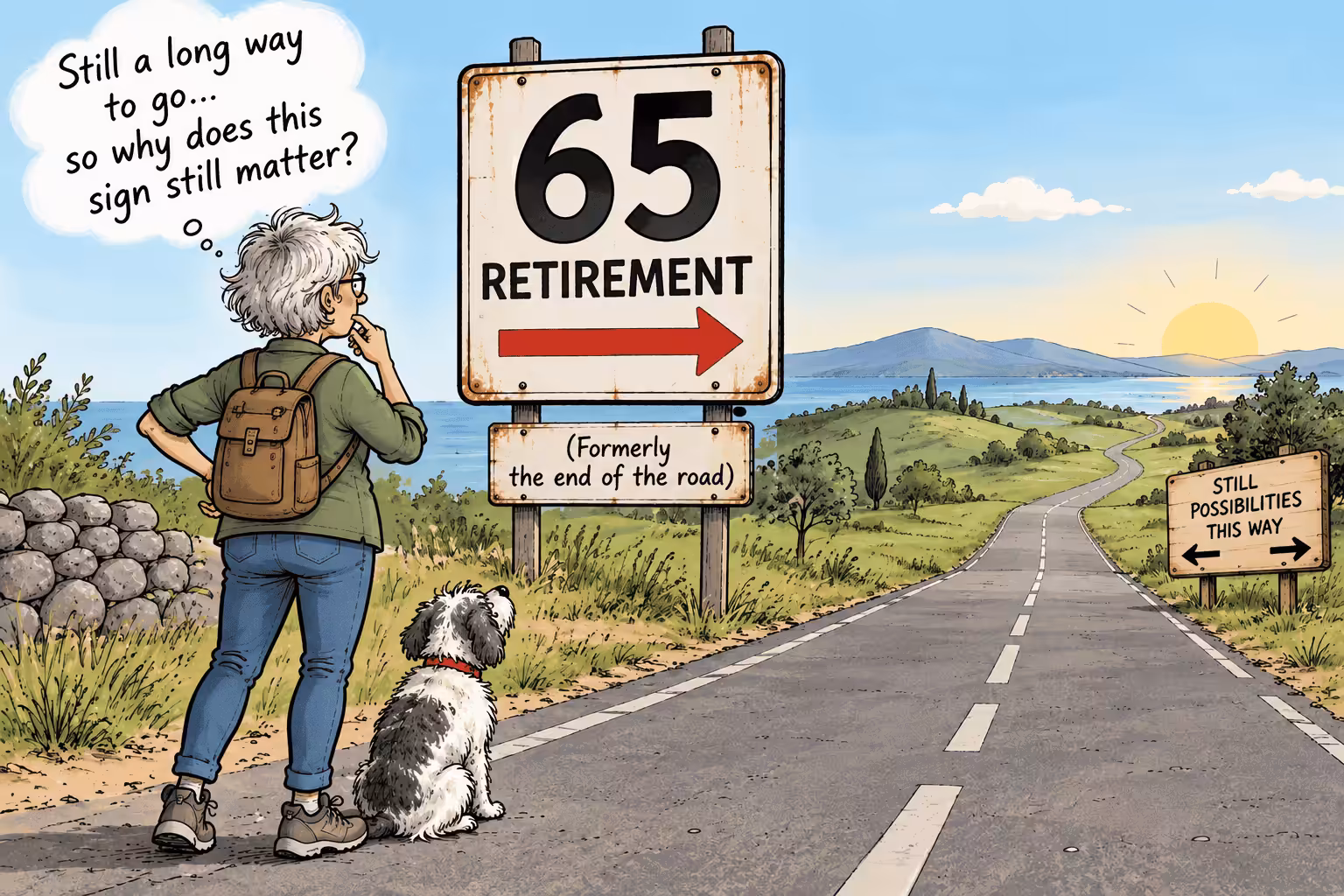 Cartoon of woman and her dog looking at a road sign for mandatory retirement