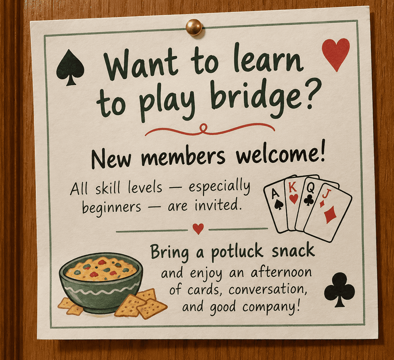 Picture of a friendly bridge invitation for the essay: Finding Your Tribe: How My Retired Mom Made New Friends and Why Cheese Dip Helped